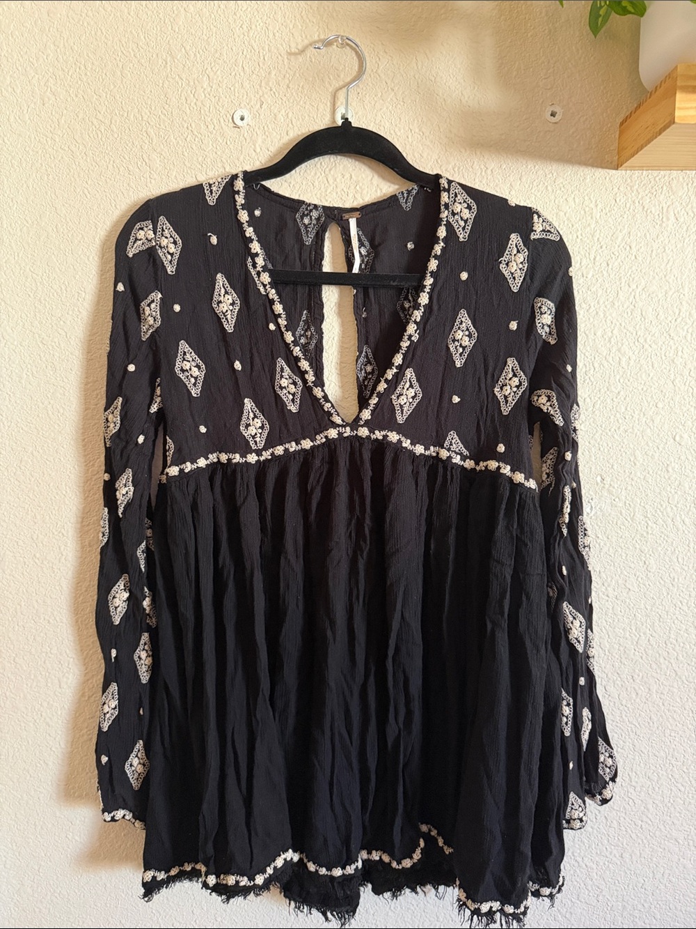 Free People Black Embroidered Peasant Tunic Dress